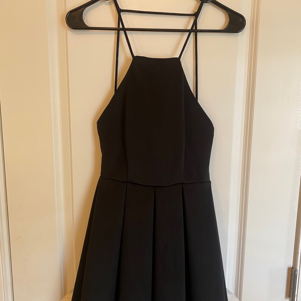 Black, backless halter pleated dress